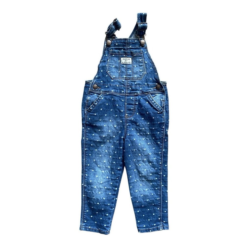 OshKosh B'gosh Overalls Toddler 3T Blue Polka Dot Stretch Denim EUC